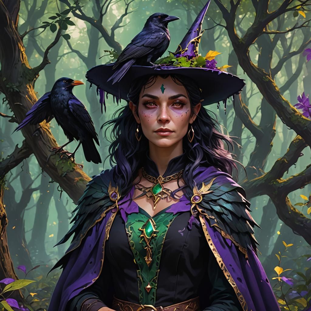 Witch and Crow Portrait in Mystical Forest