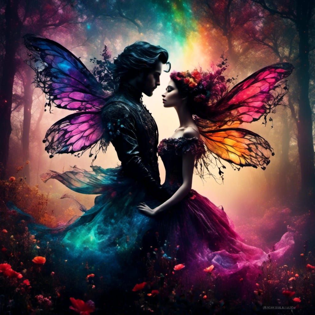 Rainbow Fairy Lovers in Dark Silhouette