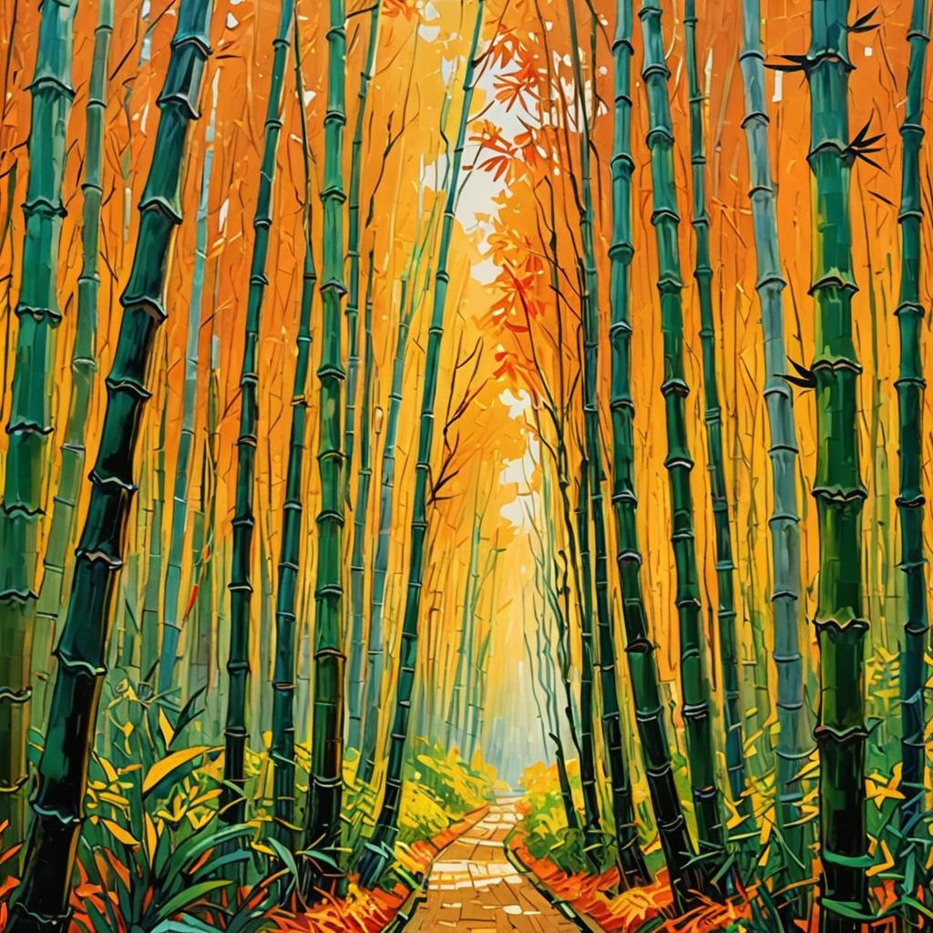 Orange Sunlit Bamboo Forest in Impressionist Style