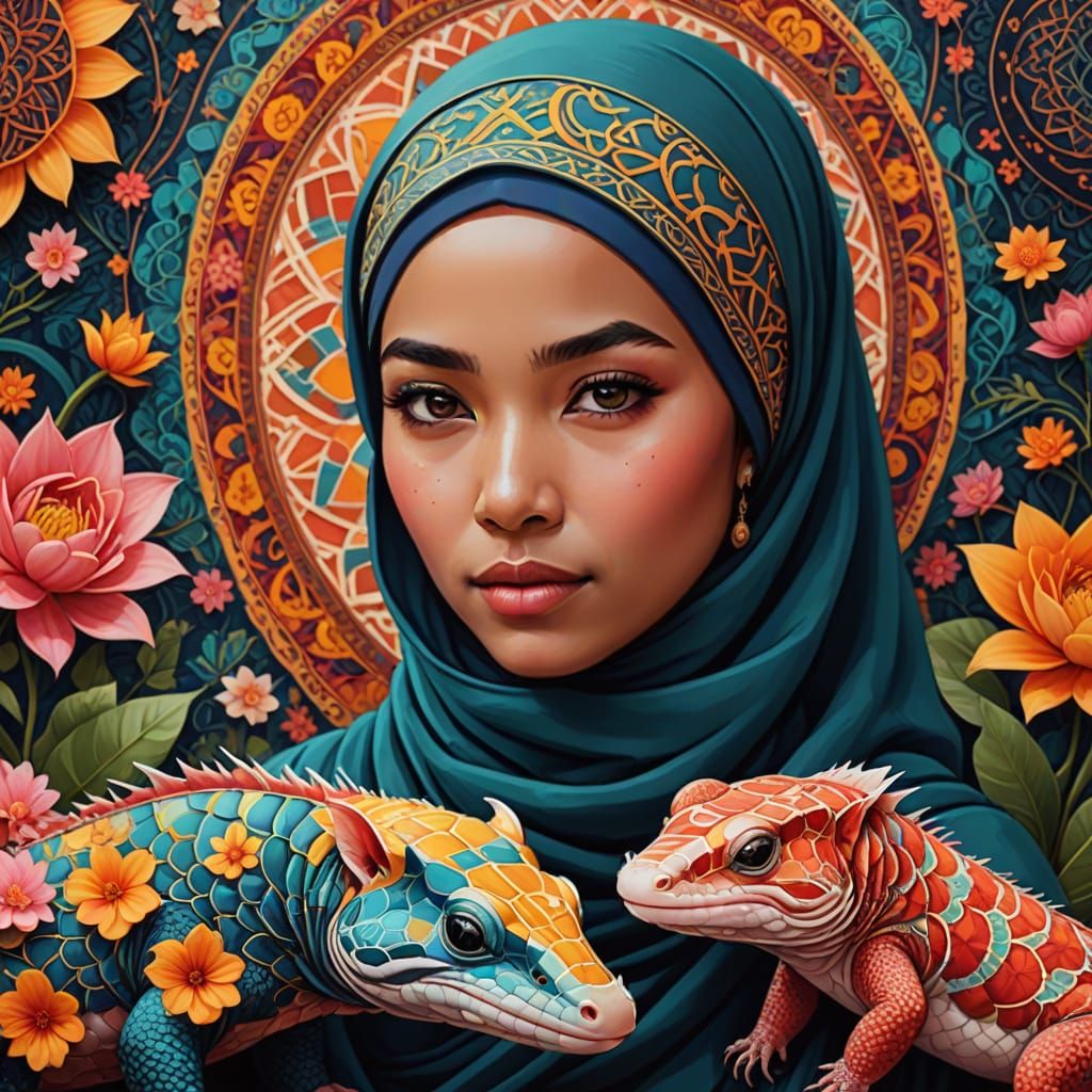 Malay hijab art in hijabolic art style with axolotl