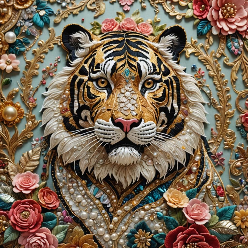 Baroque Textile Art: Quilted Tiger with Pearls