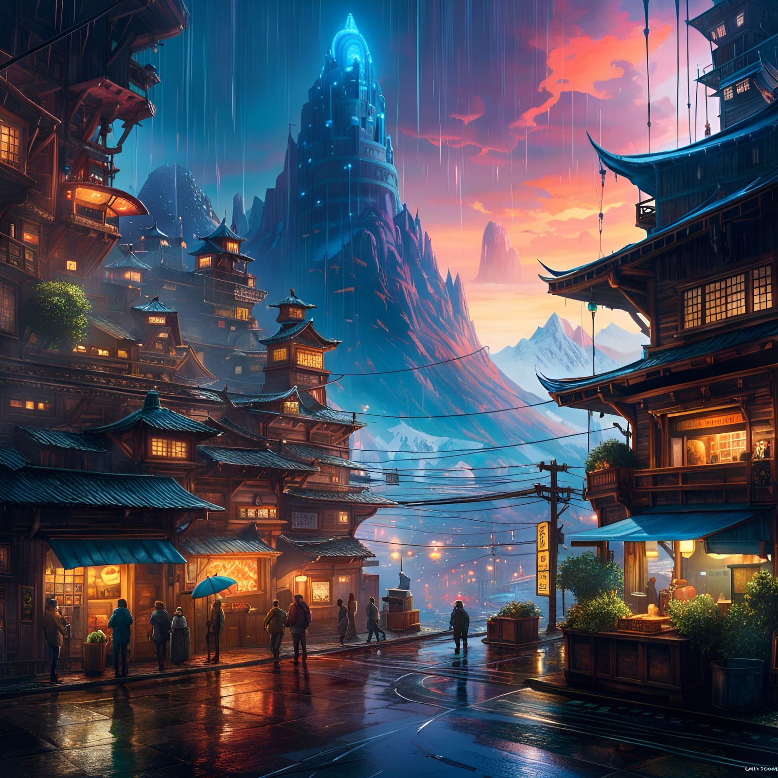 Futuristic Mountain City in Rain, Digital Illustration