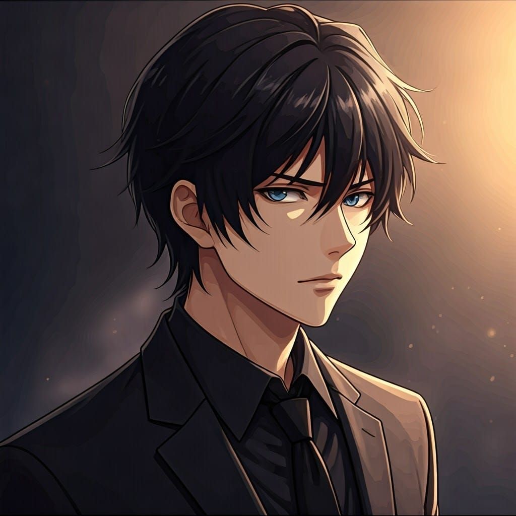 Maruo Nakano in Black Suit, Anime Style Portrait