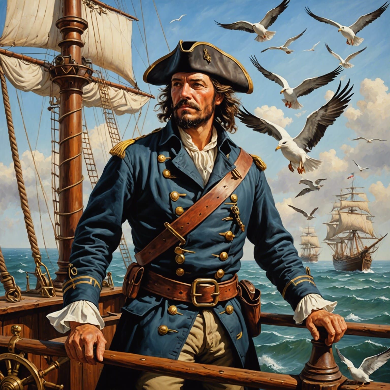 Pirate Pilot on Sailing Ship: Realistic Oil Painting