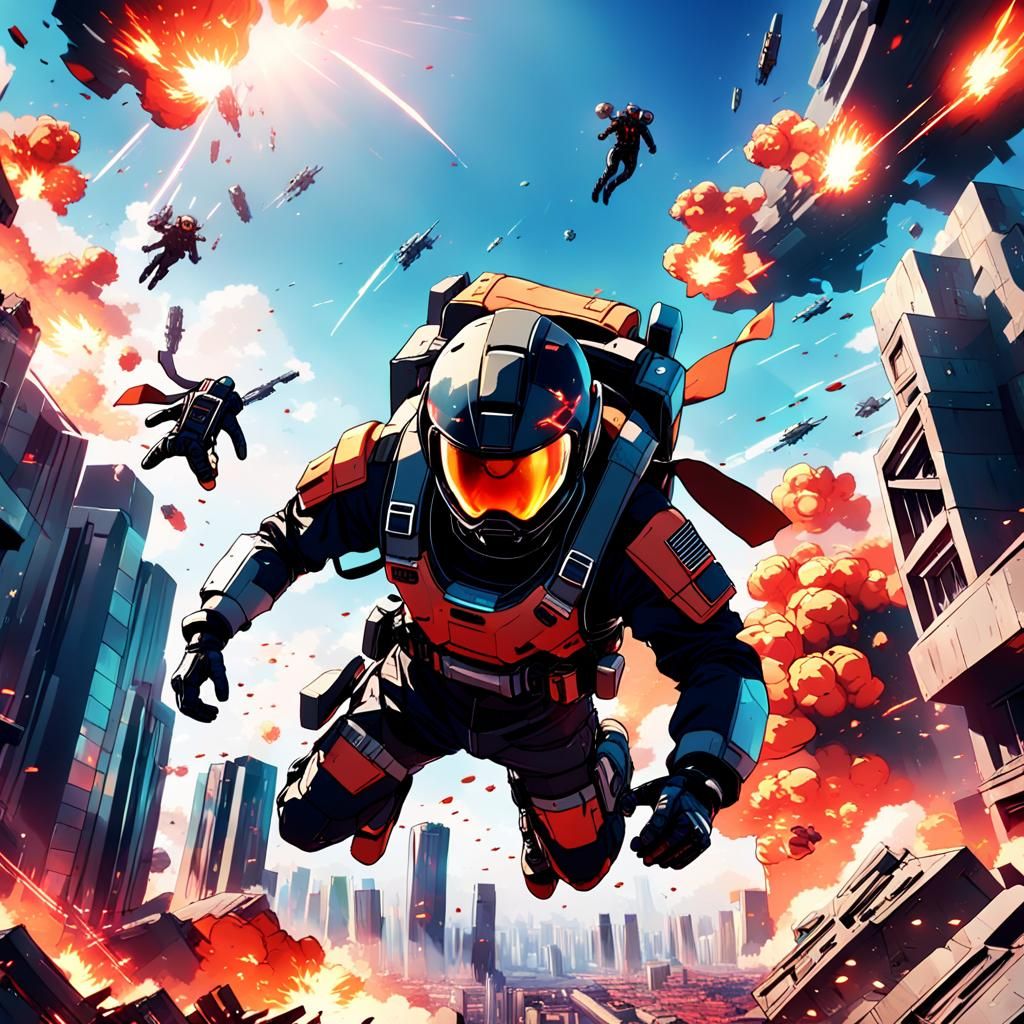 Skydiver in War Zone: Anime-Style 3D Rendering