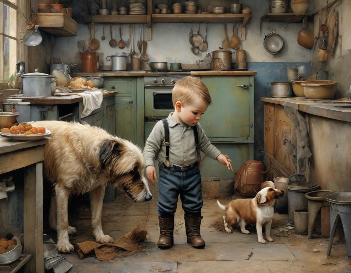 Whimsical Toddler in Kitchen with Loyal Dog