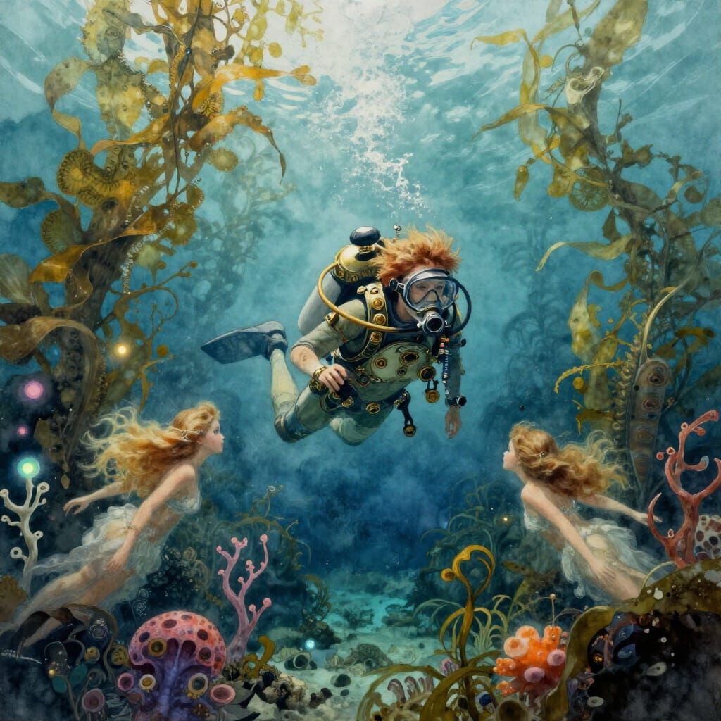 Steampunk Diver Explores Deep Ocean with Nymphs