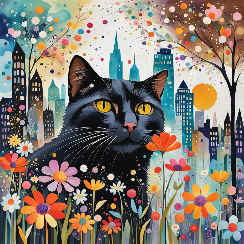 Whimsical Cat with Flowers and Cityscape Collage