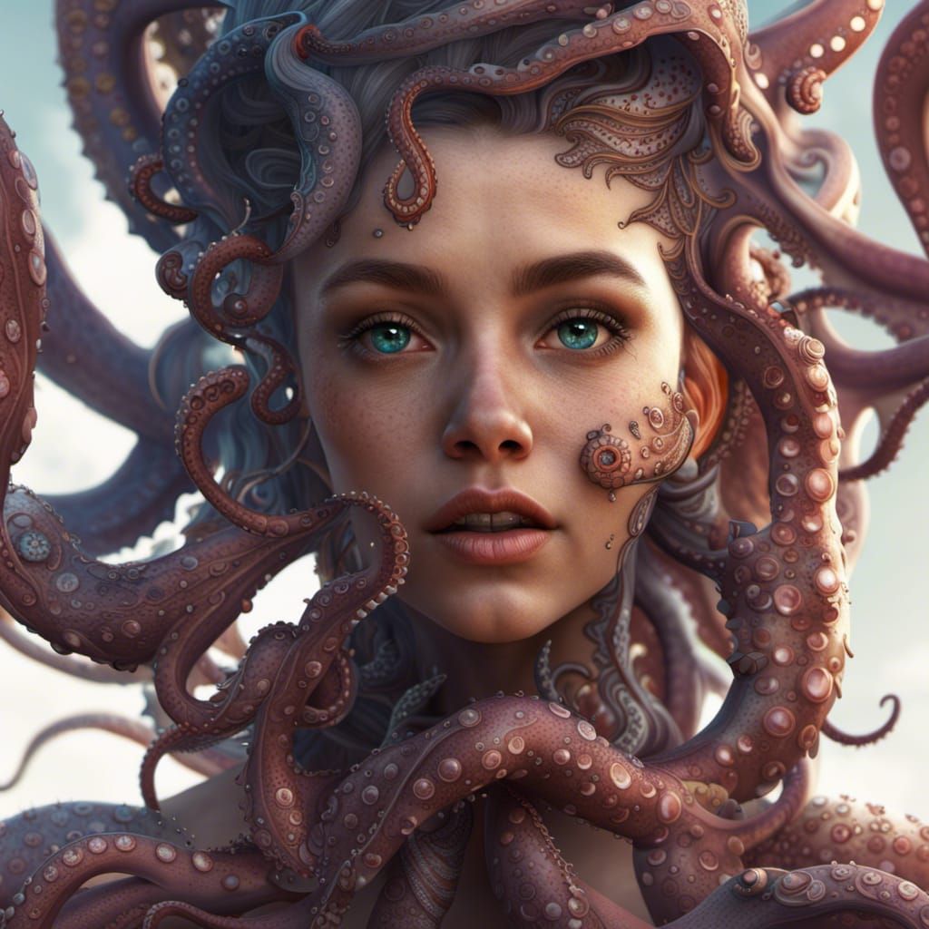 Fantastical Octopus Girl Face in Detailed Matte Painting