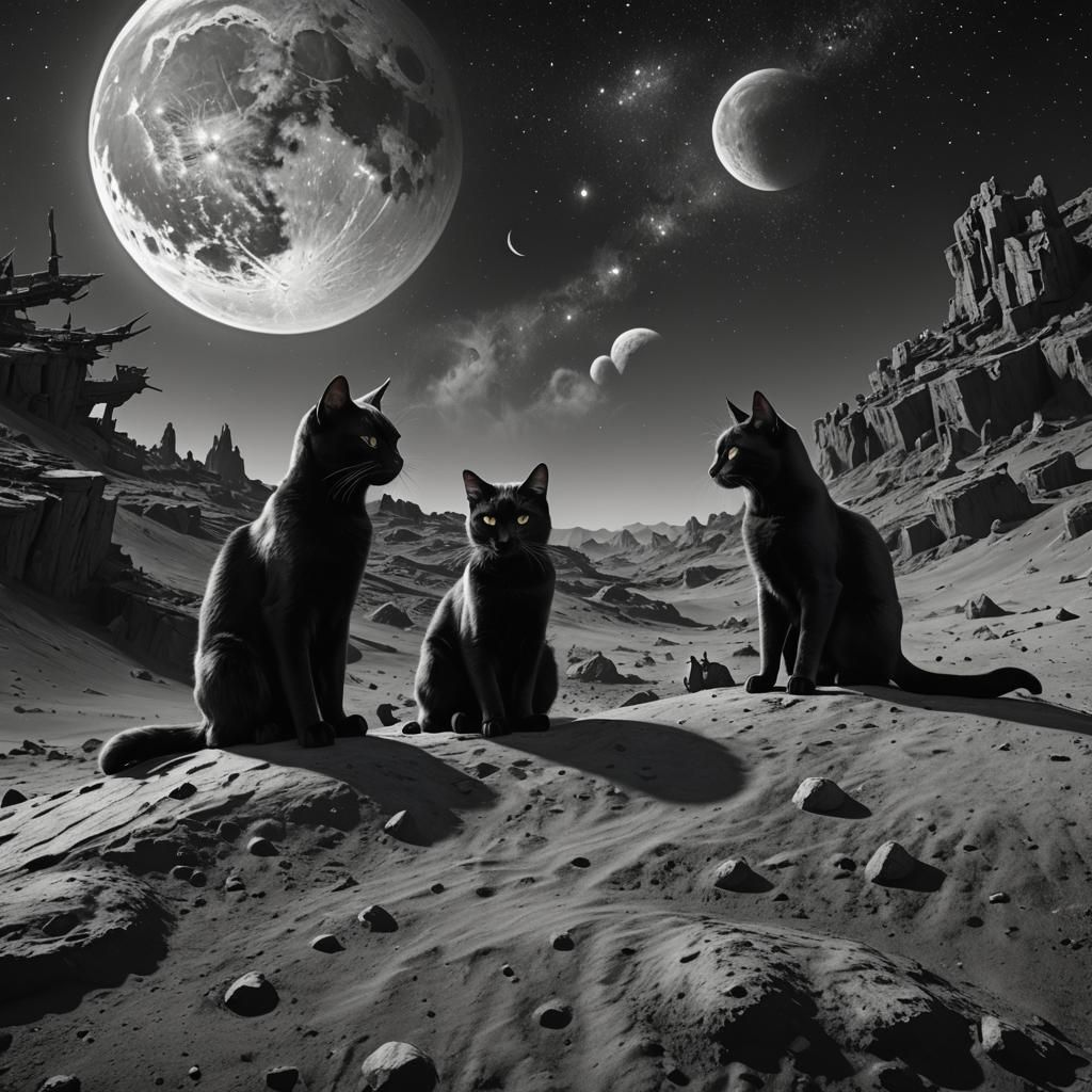 Two Black Cats on the Moon, Detailed Matte Painting