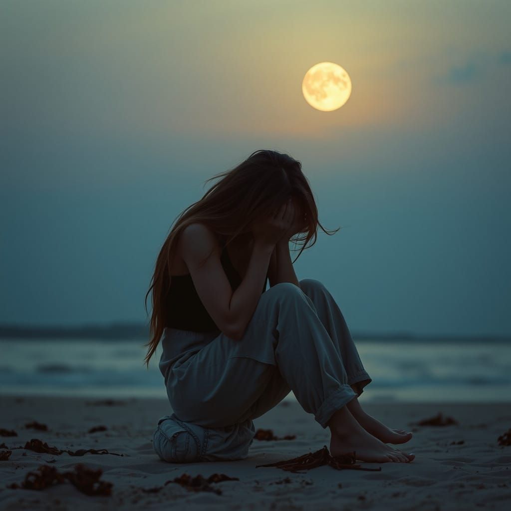 Woman Overcome with Grief on Moonlit Beach
