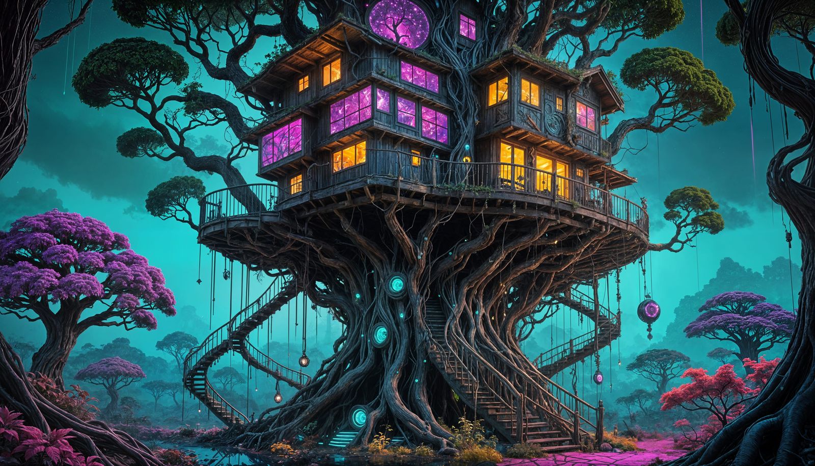 Hyperrealistic Fractal Treehouse in Neon-Hued Sky