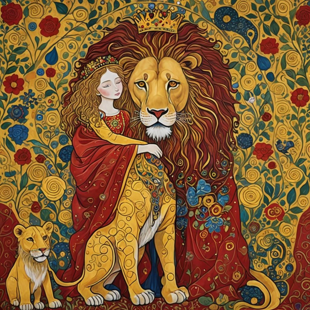 Princess and Golden Lion in Klimt Style