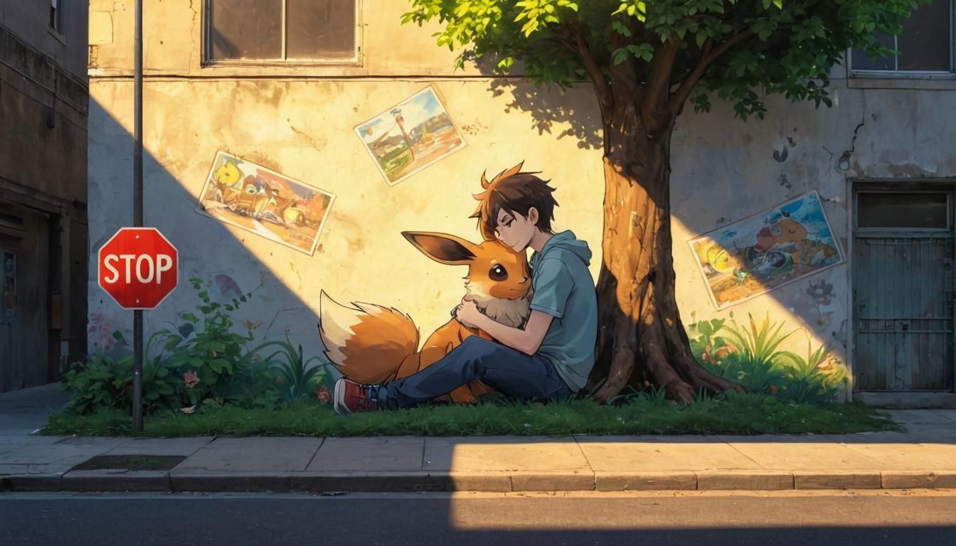 Man and Eevee Embrace in Fading Mural