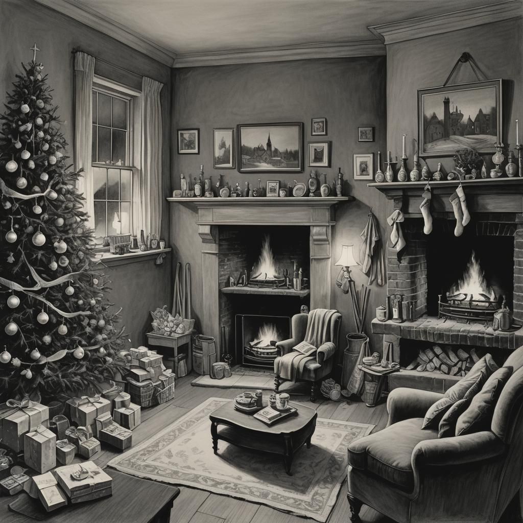 Festive Christmas Eve Scene in Charcoal Drawing Style