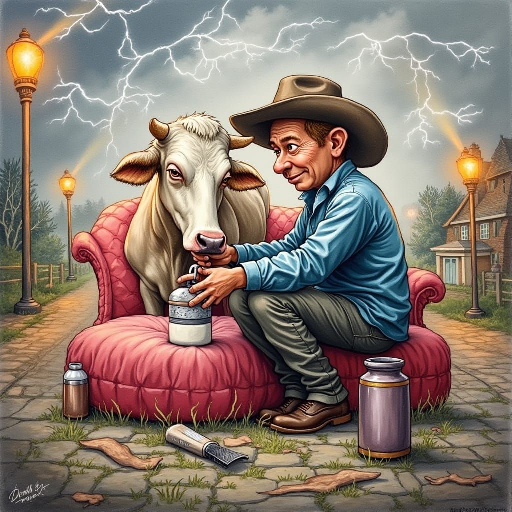 Man Milking Cow Indoors, Dürer Style Painting