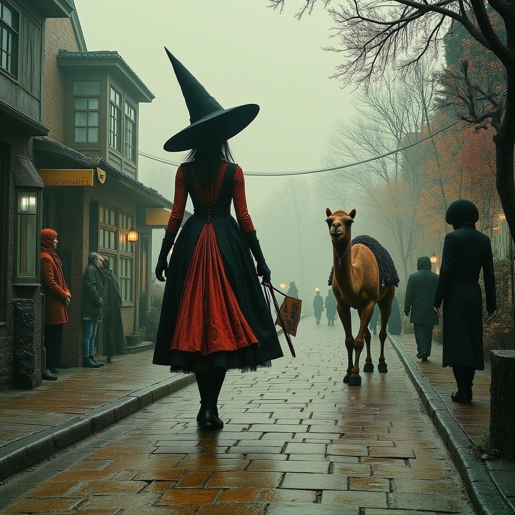 Wednesday Addams Walks a Camel into Town