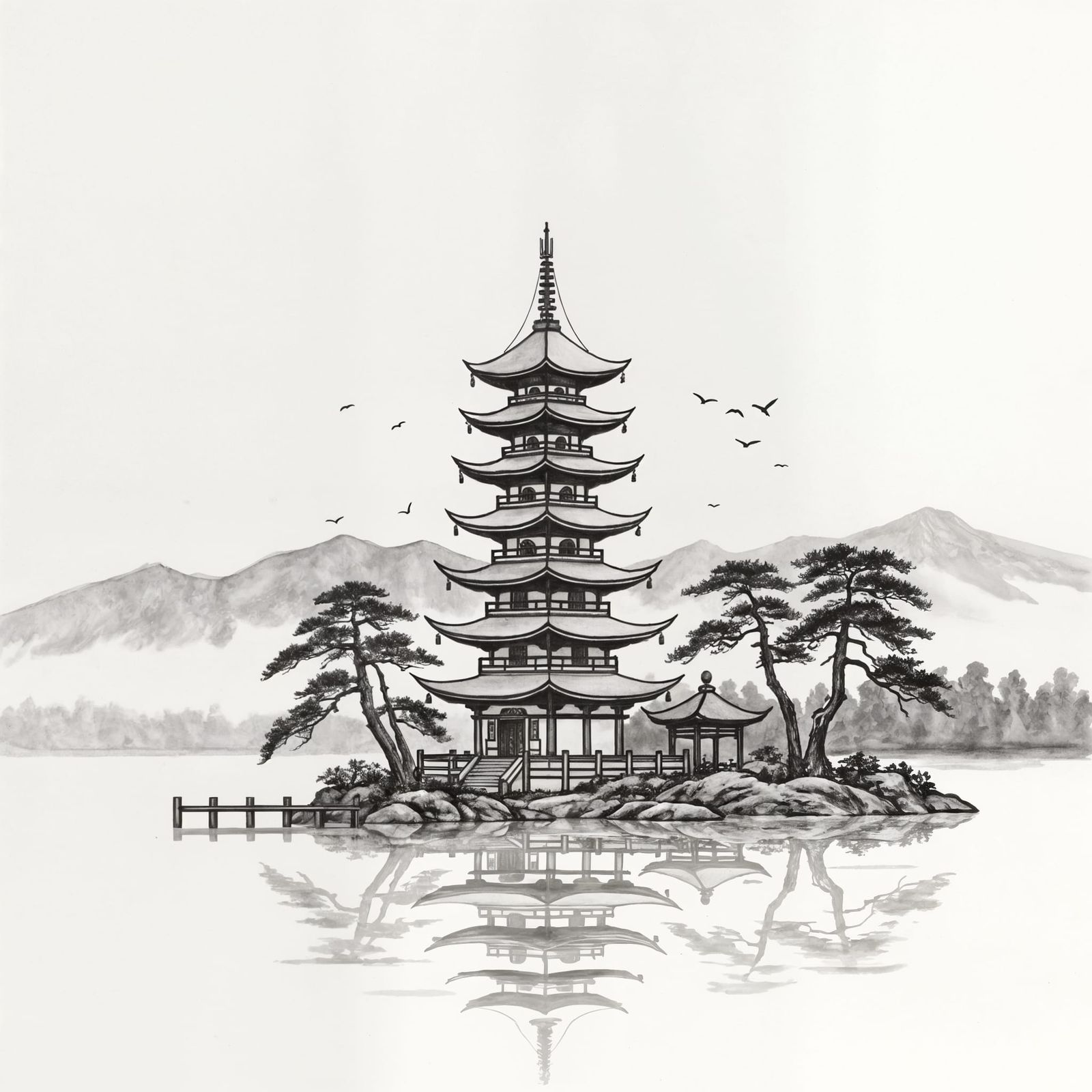 Modern Sumi-e Pagoda by Tranquil Lake