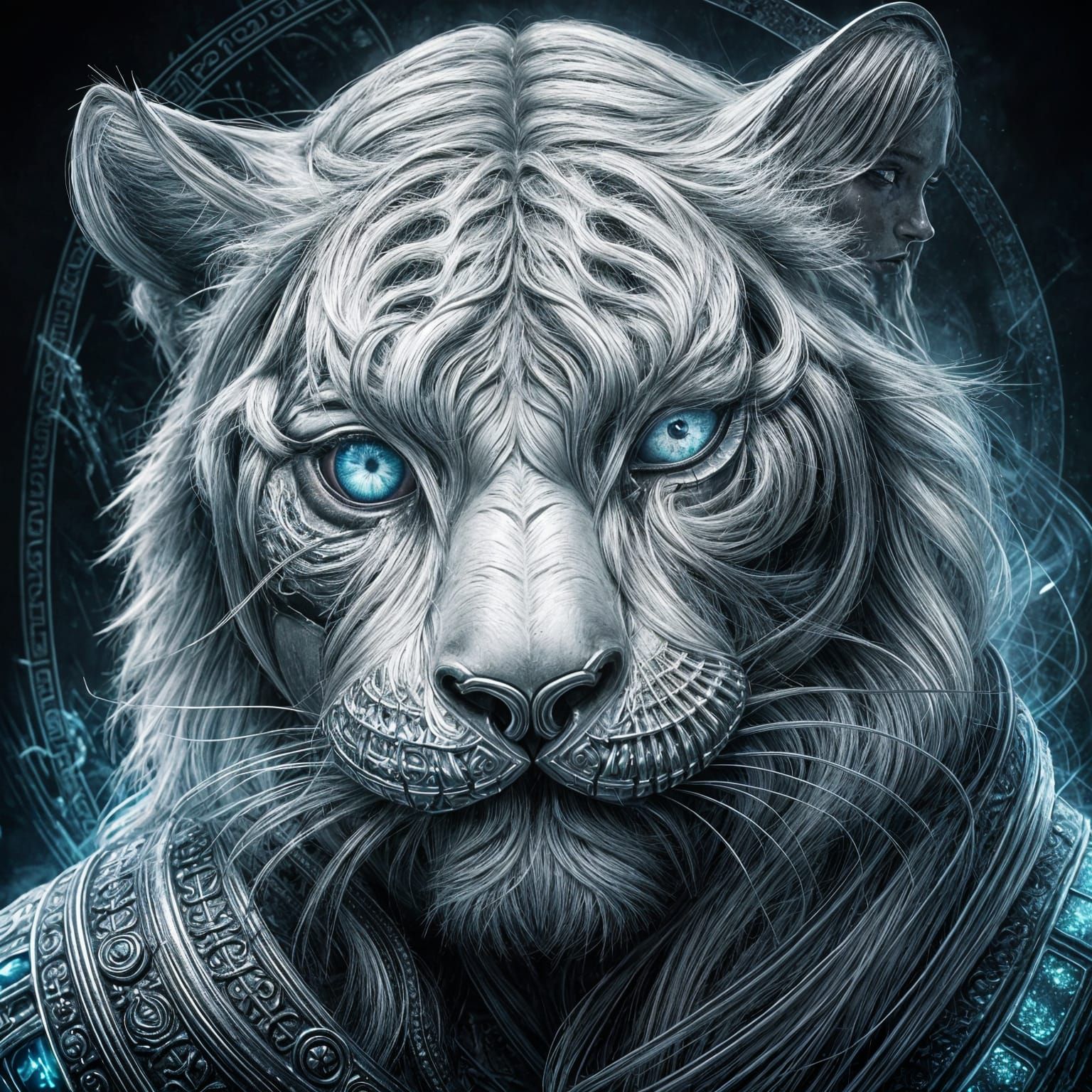 Cybernetic Figure with White Tiger in Fantasy Art