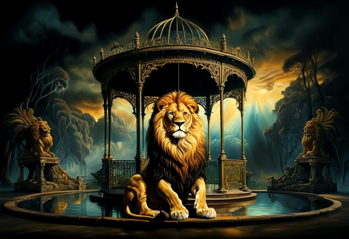 Lions in Gazebo: Ethereal Surrealism Oil Painting