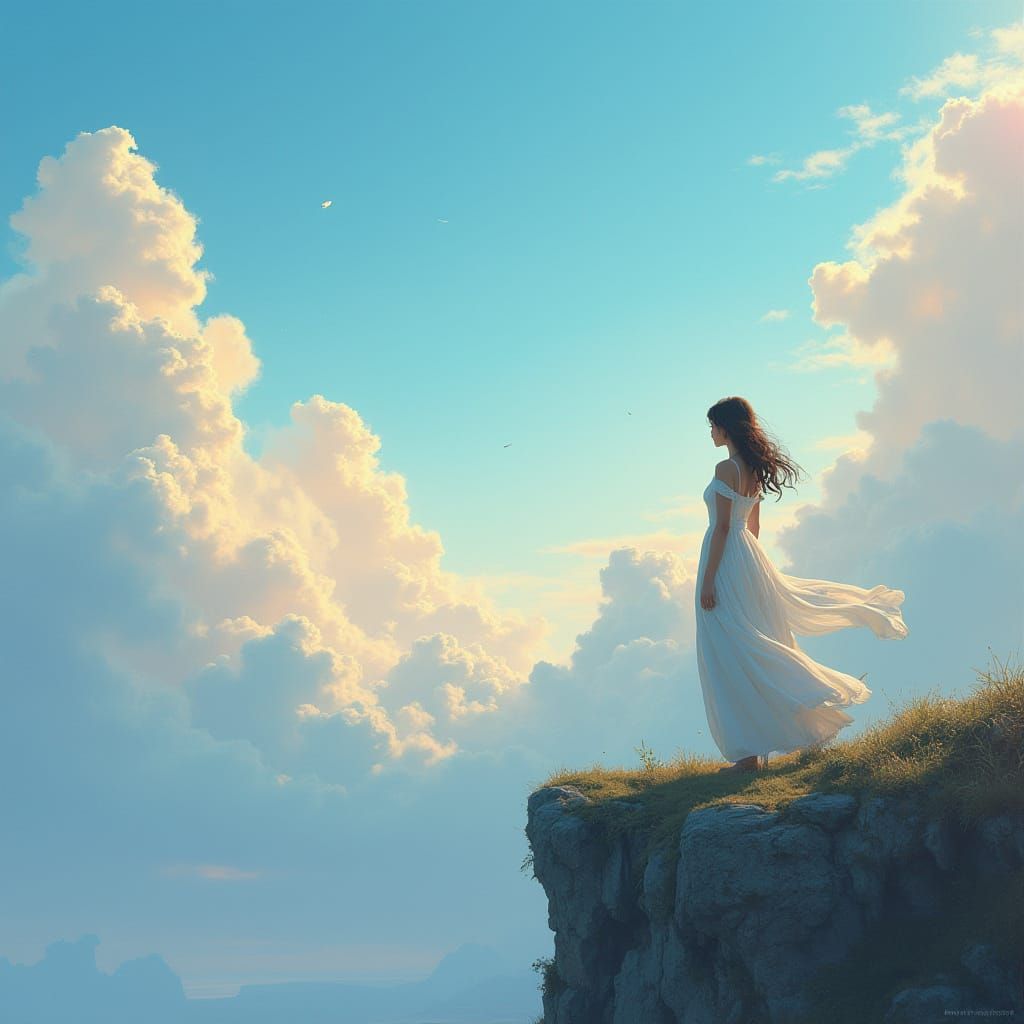 Woman Gazing at Gradient Sky, Dreamy Realism Style