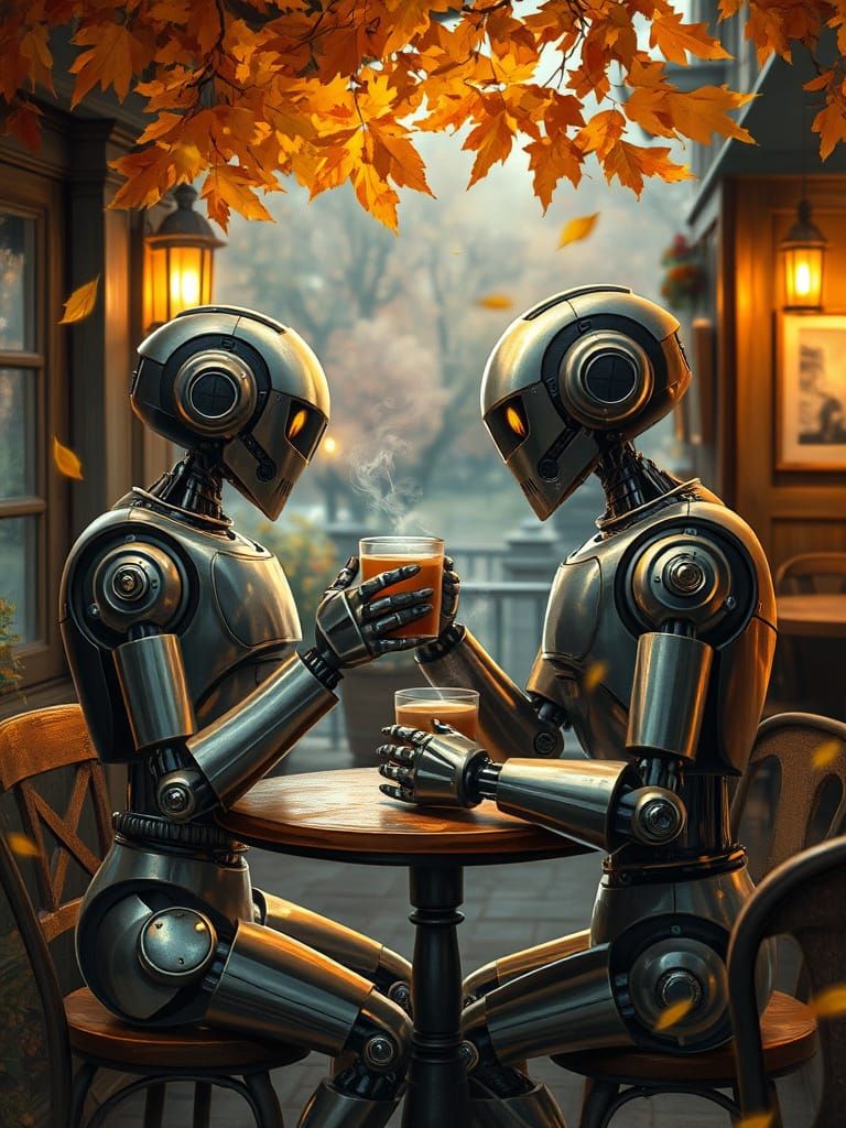 Robots in Love: Autumn Cafe Scene as Impressionist Painting