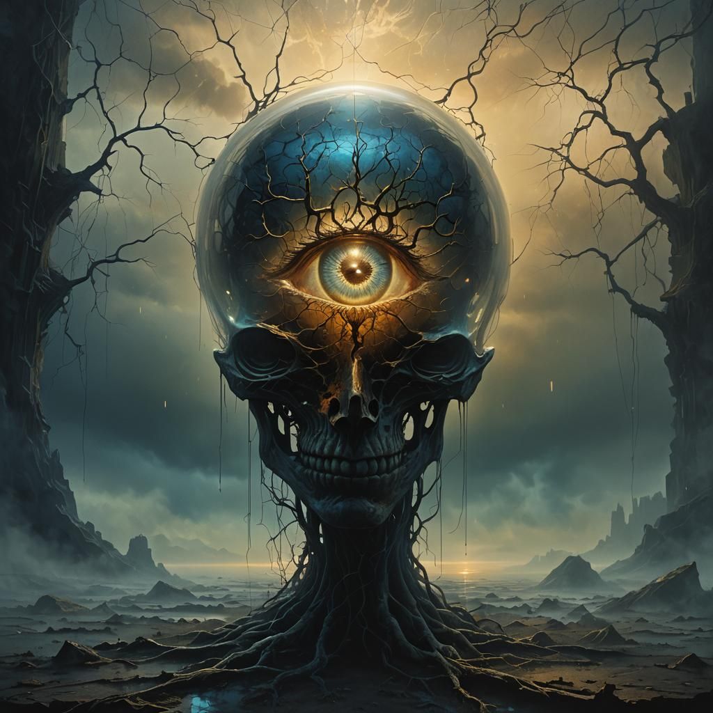 Eerie Dark Fantasy Scene with Floating Brain in Beksiński St...