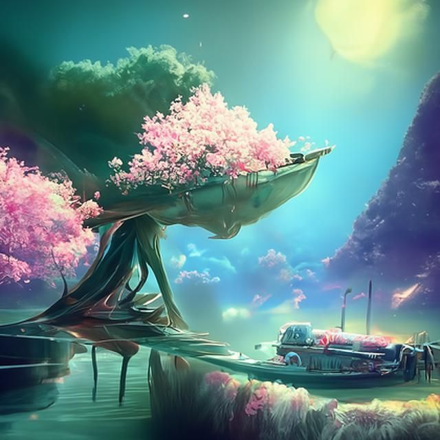 Serene Astral Boat Under Cherry Trees, Digital Art