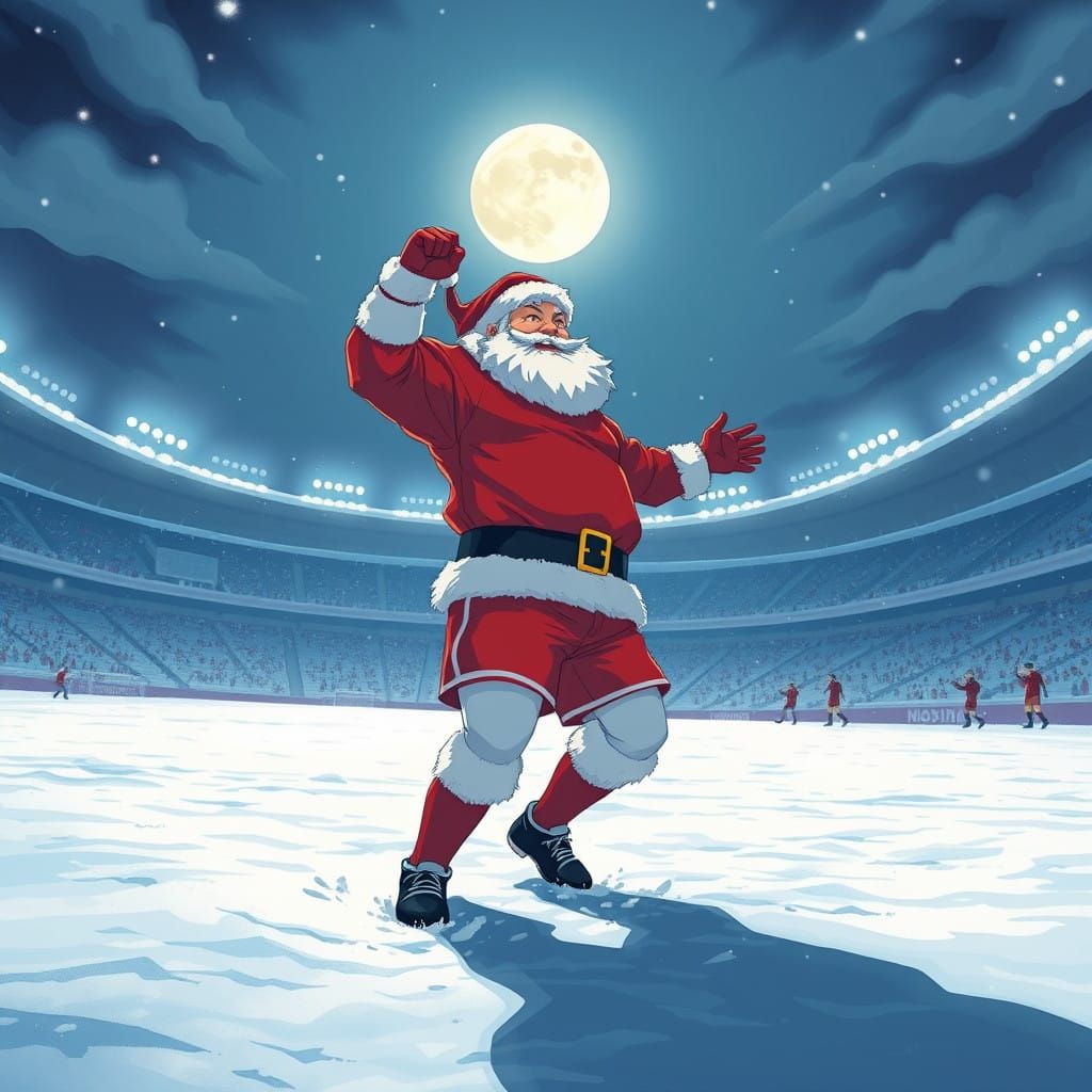 Heroic Santa Soccer Player in Snowy Stadium under Dim Moonli...