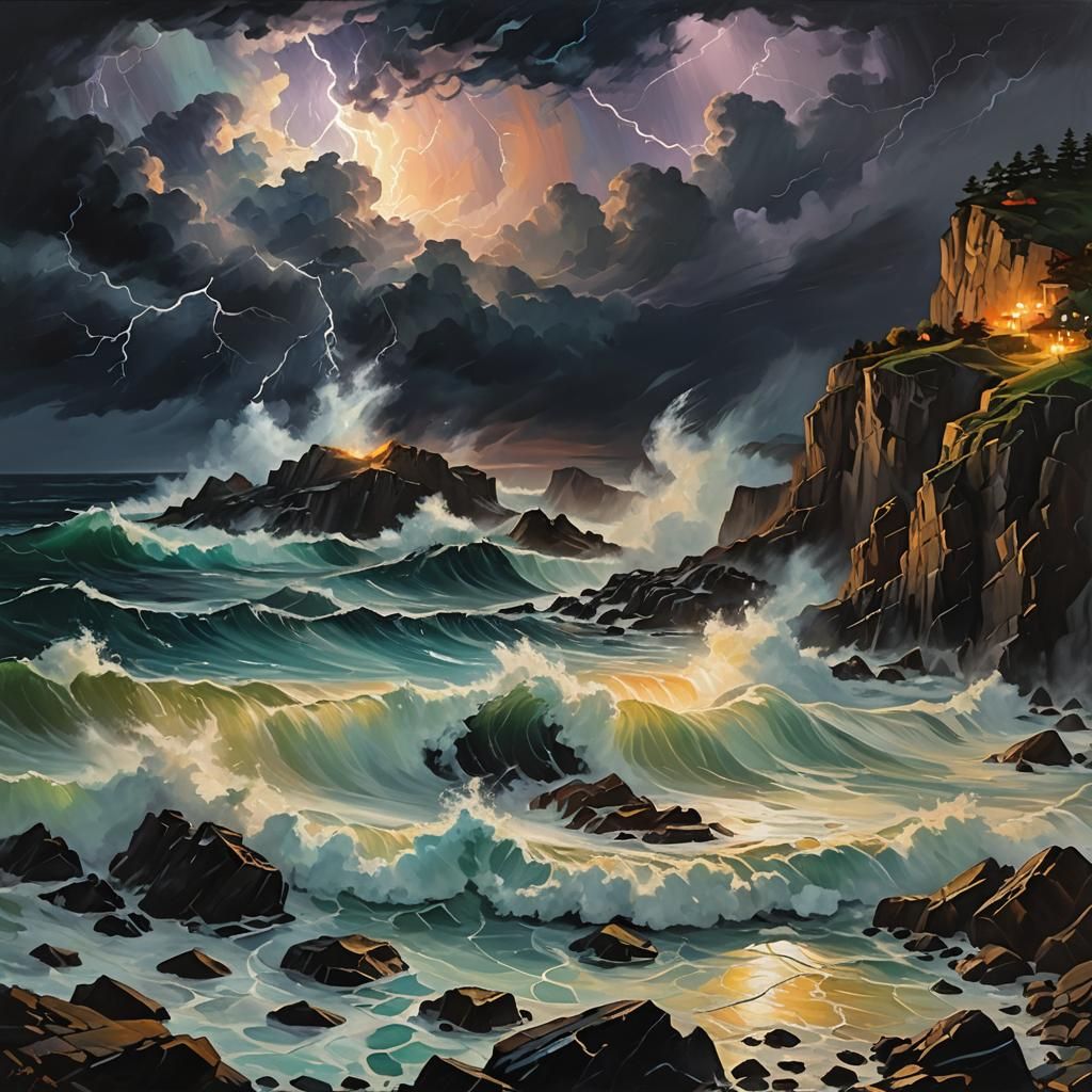 Stormy Seascape at Night in Oil Painting Style