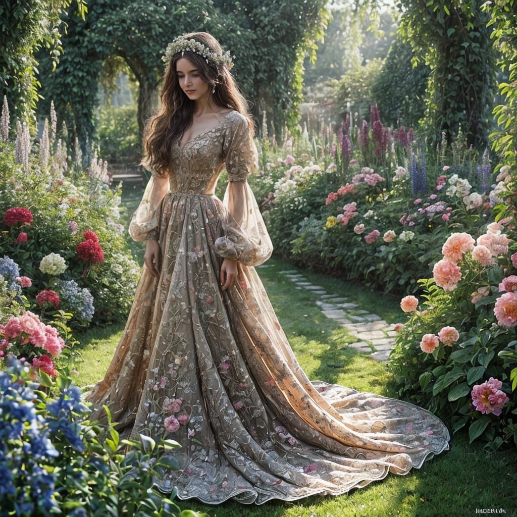 Middle Eastern Princess in Lush Garden with Embroidered Gown