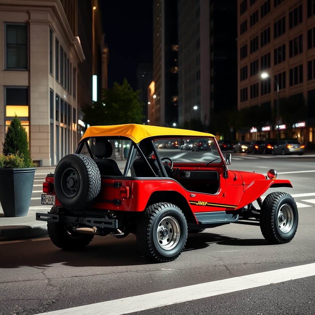 Vibrant Red Dune Buggy Cruises Through City Streets