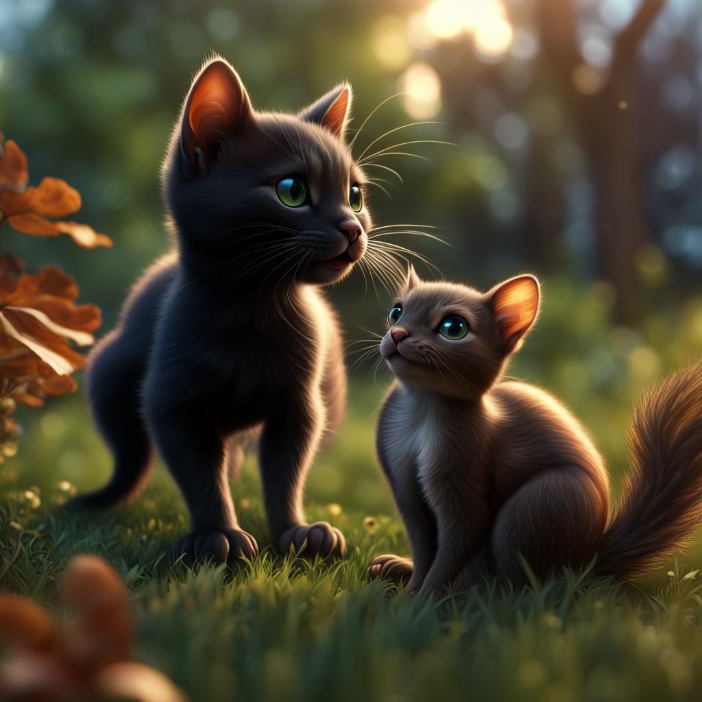 Kitten and Squirrel Together at Dusk