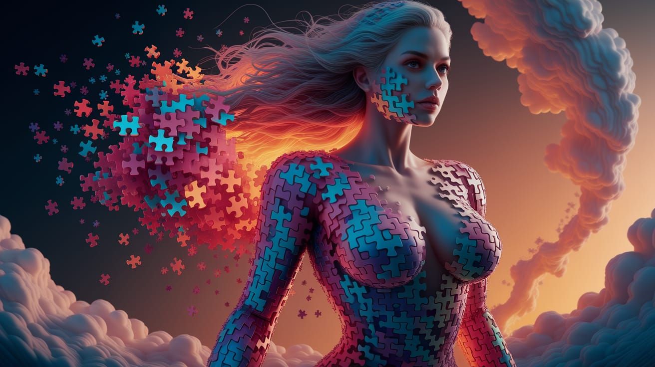 Ethereal Goddess Transforms into Vibrant Puzzle Pieces
