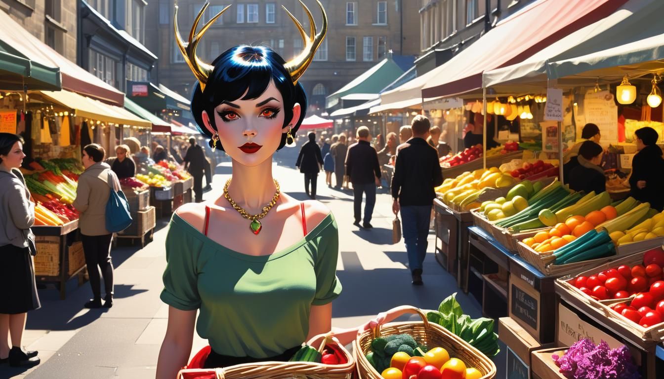 Vibrant Market Scene with Elf Shopper: Hewlett & Campbell St...