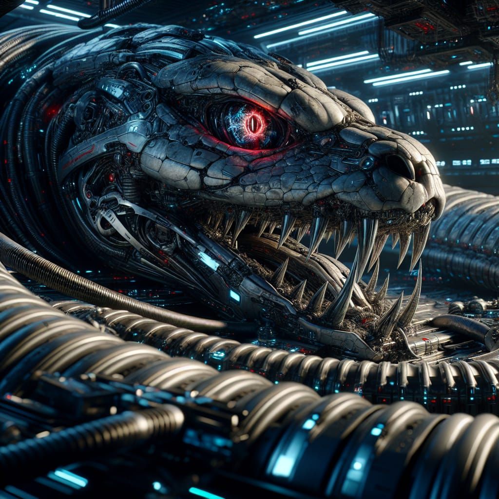 Colossal Cyborg Snake in Futuristic Lair
