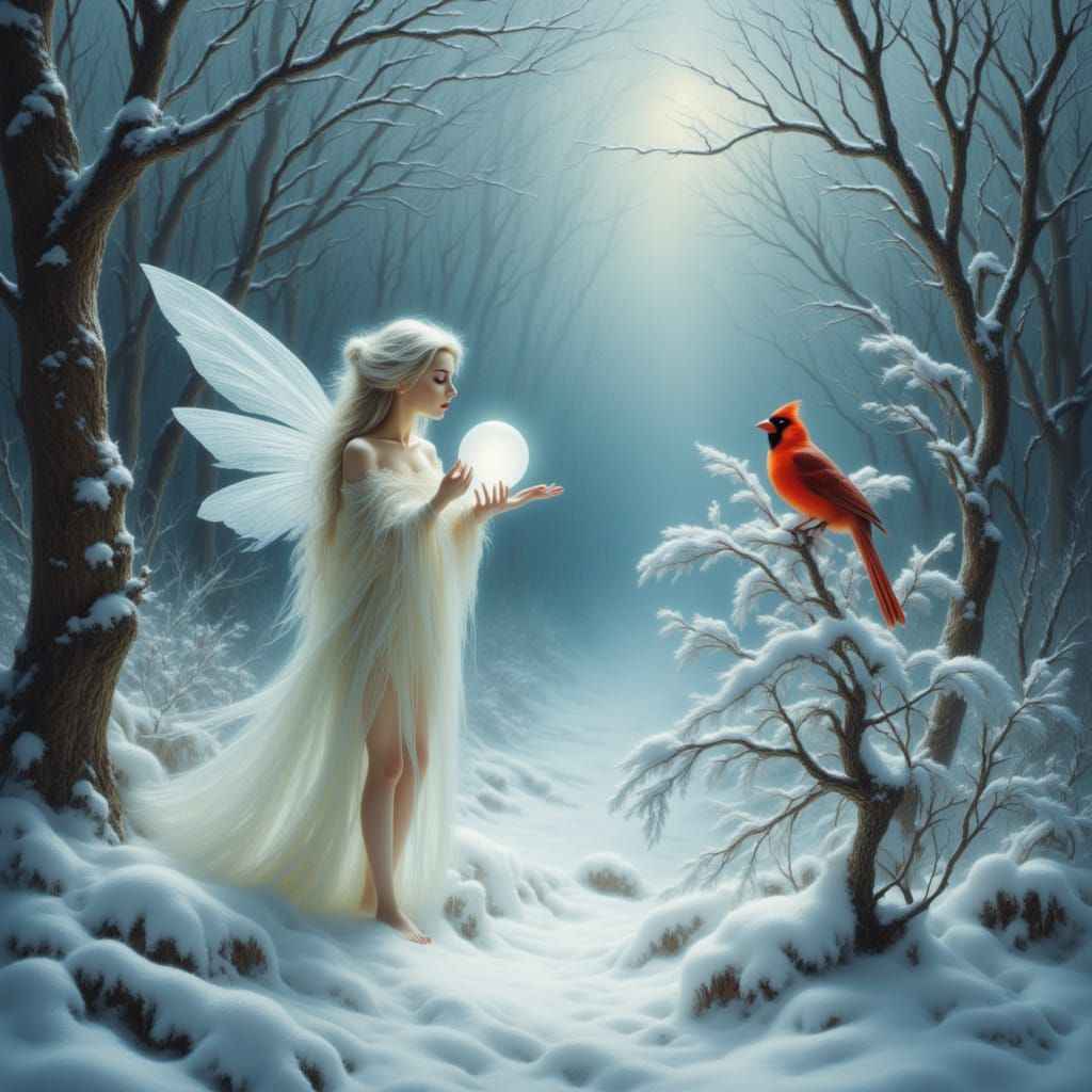 Enchanted Fairy Offers Food in Winter Forest Illustration