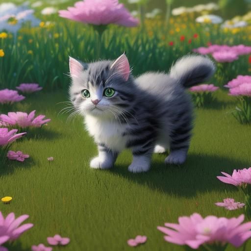 Cute Kitten Hovering Over Flowers: Hyperrealistic Digital Ar...
