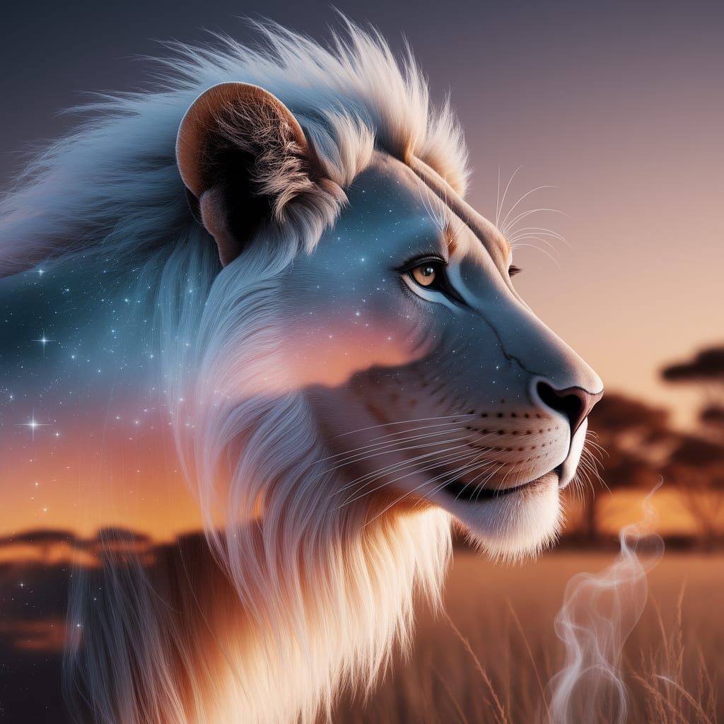 Ethereal Lion Profile Under Starry Savannah Skies