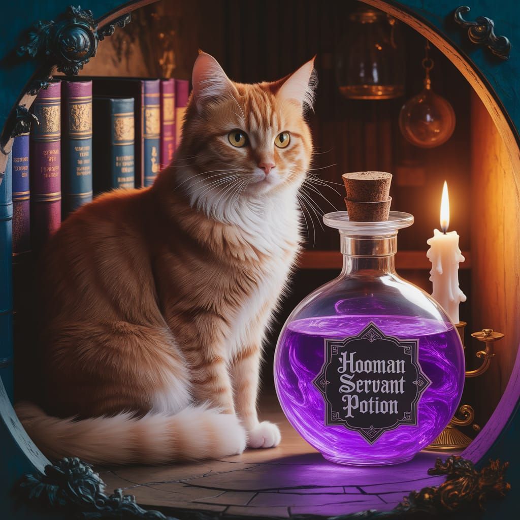 Regal Tabby Cat Beside Enchanted Potion Bottle