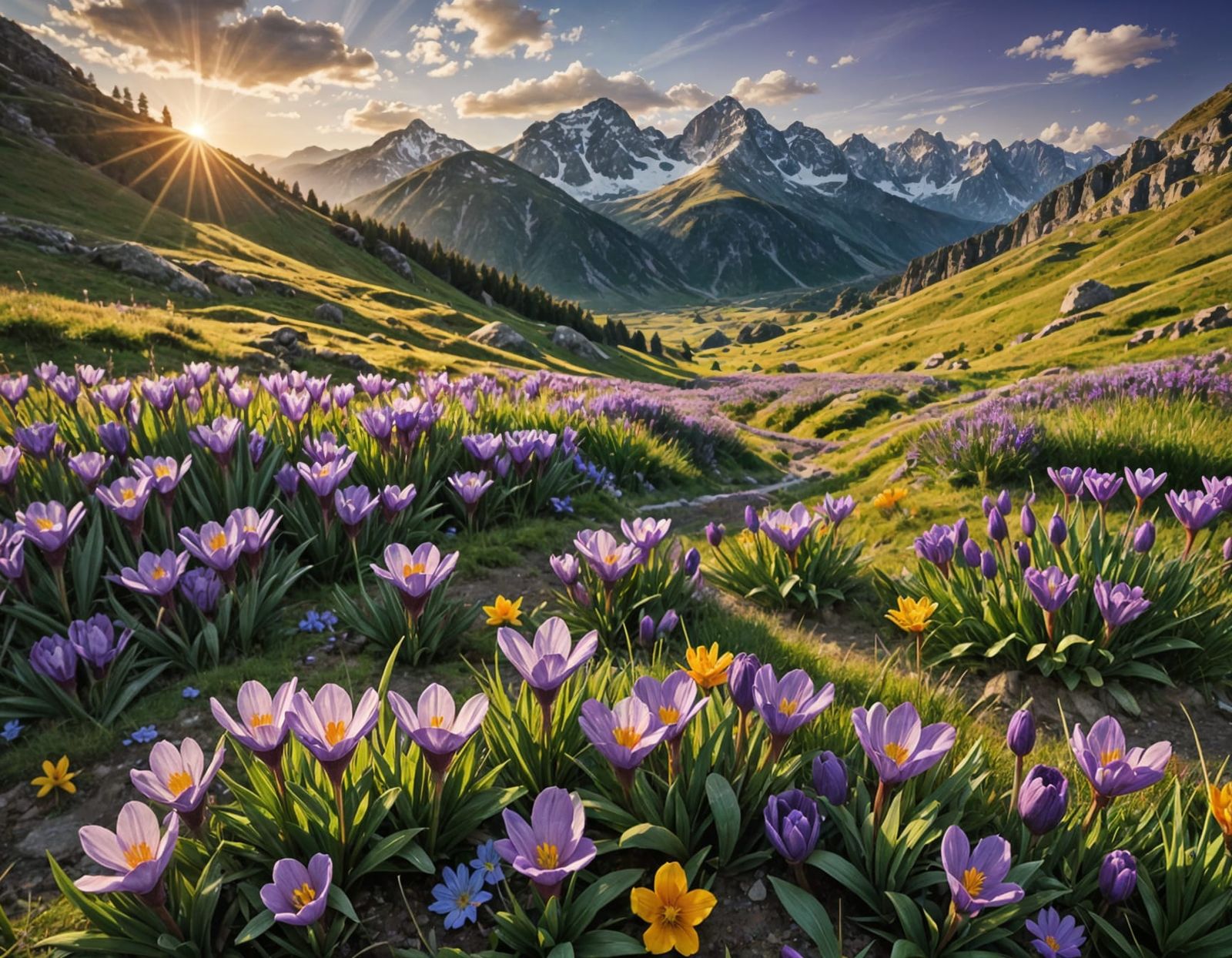 Vibrant Croccuses in a Serene Mountain Valley Landscape