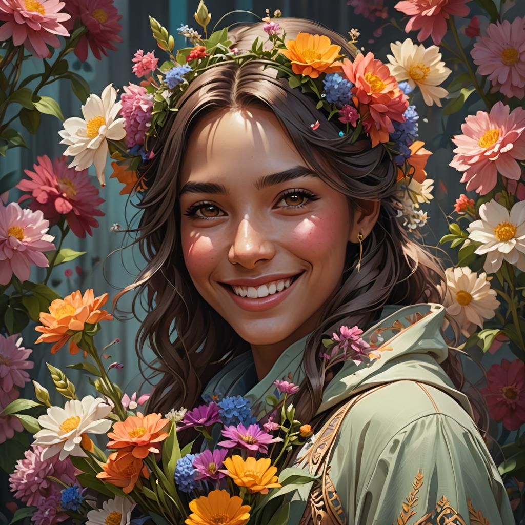 Smiling Girl with Flowers Portrait in Digital Art Style