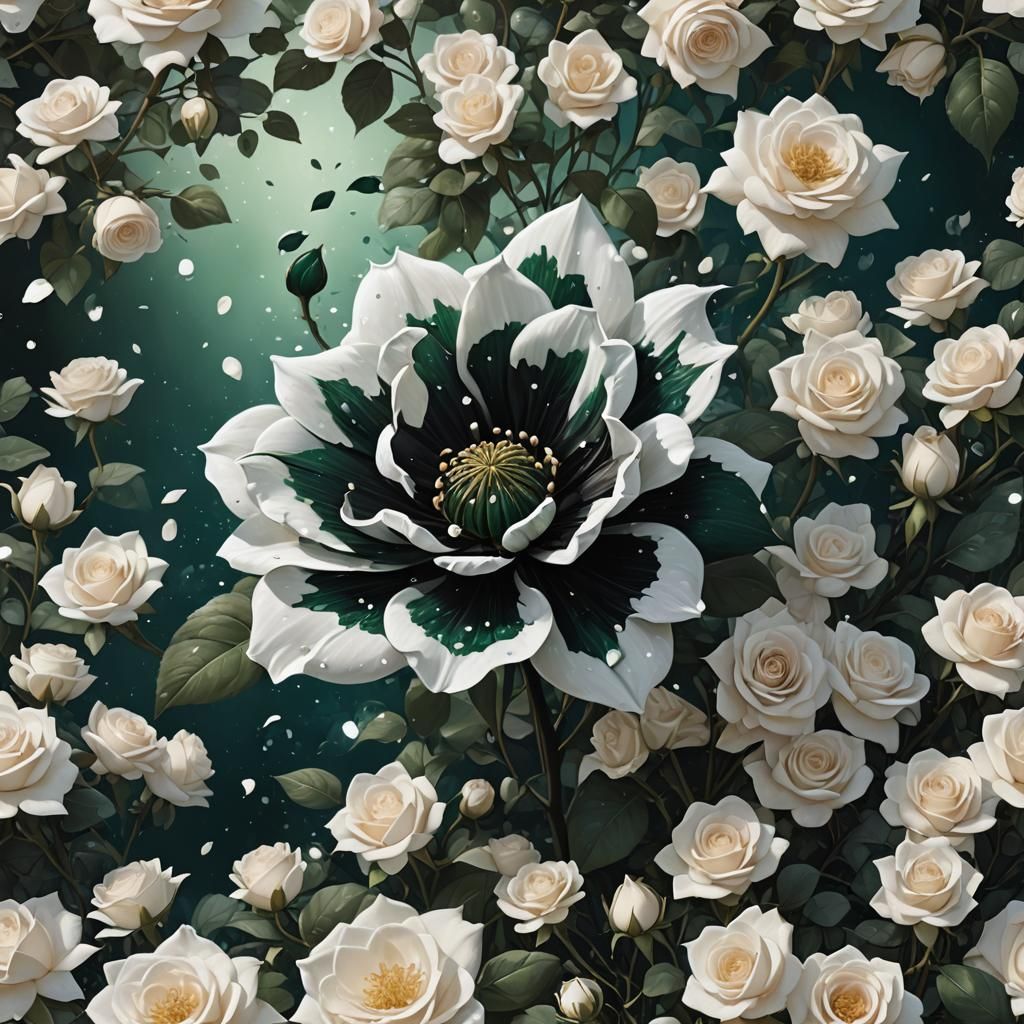 Black Flower in a Pearly White Flower Field