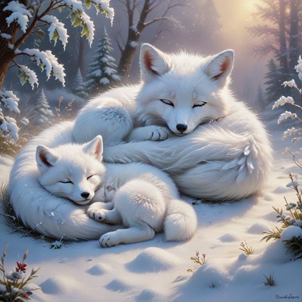Ethereal Baby Snow Fox Sleeps Beside Snowman