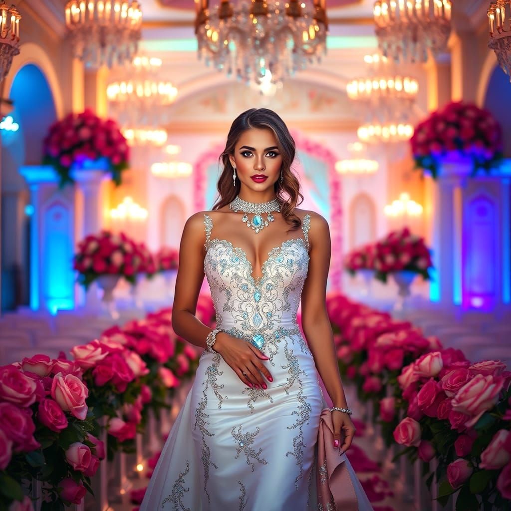 Stunning Woman in Engagement Dress in Wedding Hall