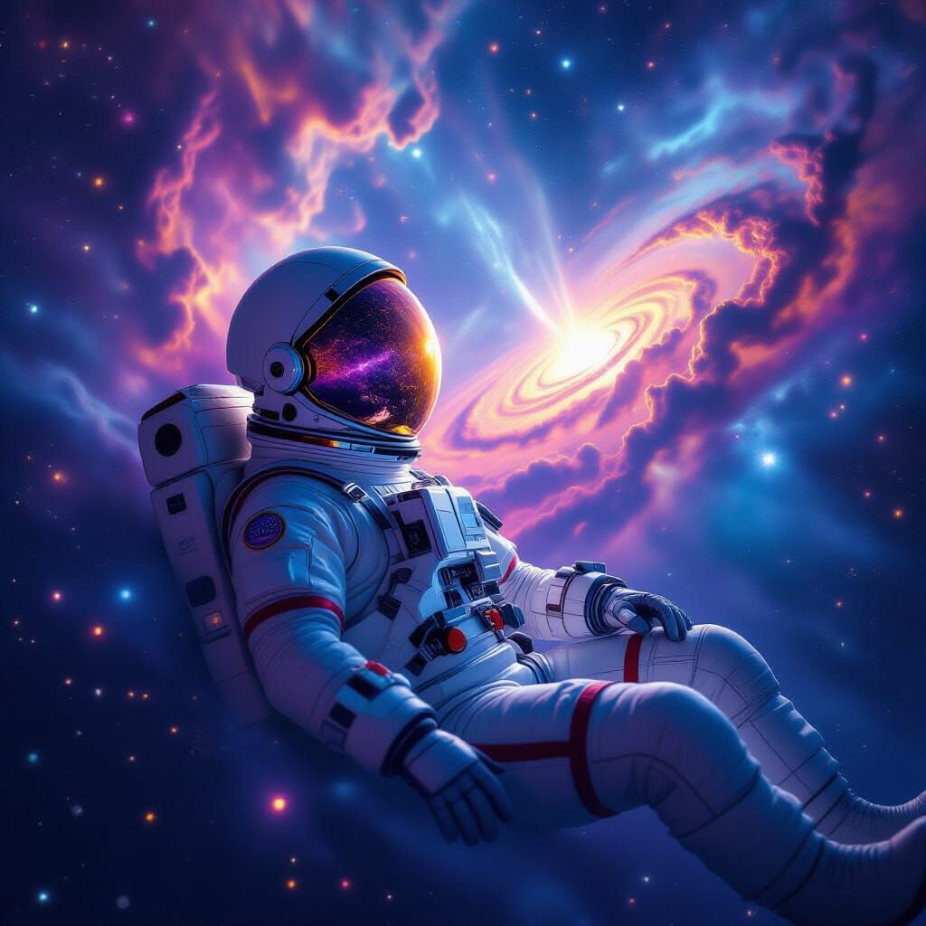 Astronaut Adrift in Nebula Reflecting Galaxy