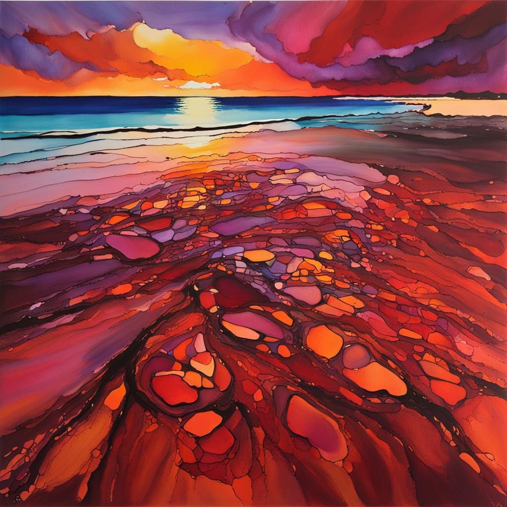Ningaloo Coast Sunset in Alcohol Ink Style
