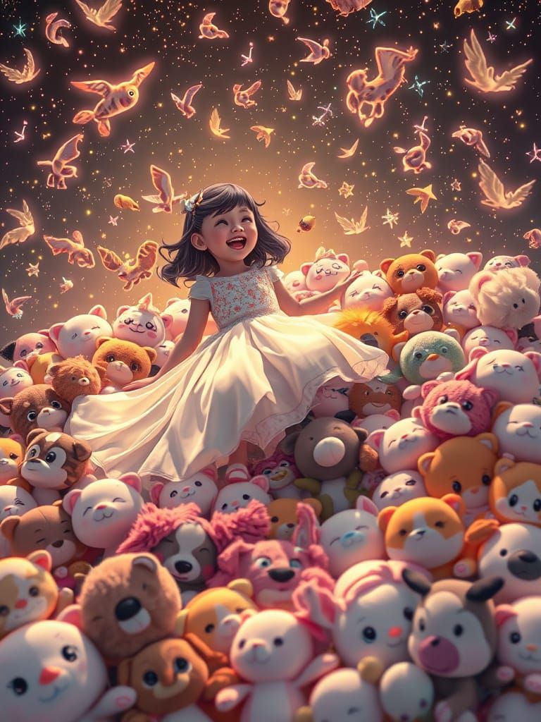 Girl Playing with Plushies in Neon Ink Style