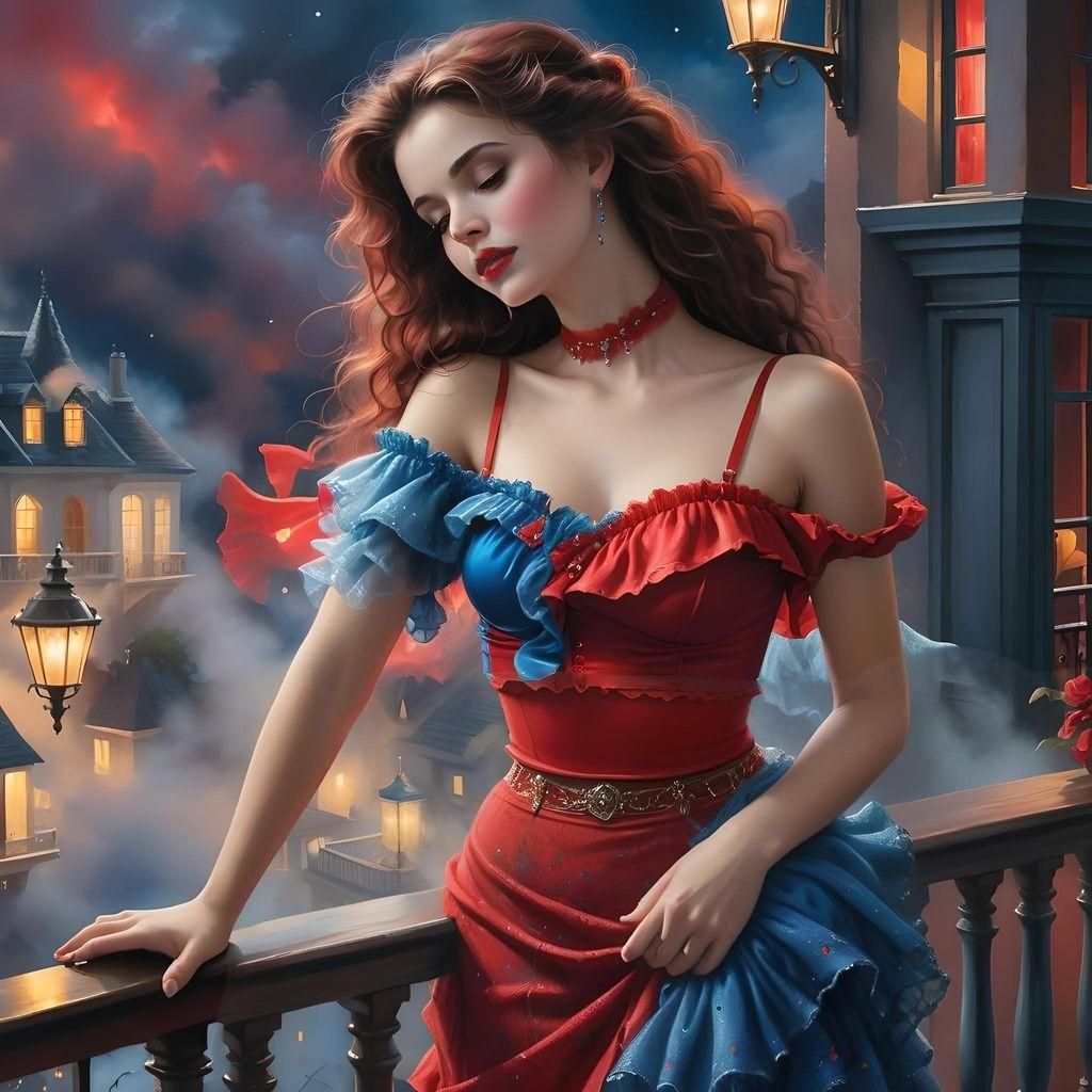 Ethereal Woman in Red, Moody Night Scene