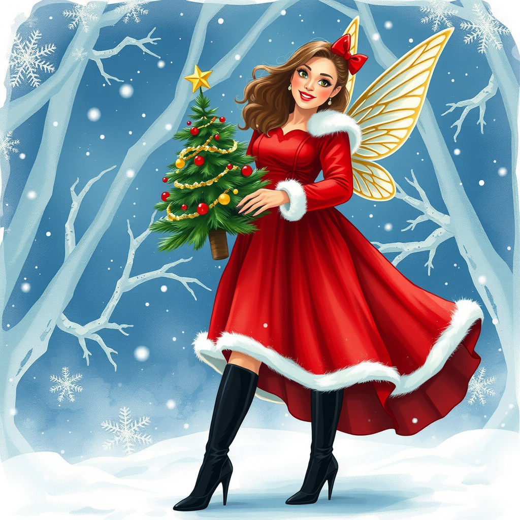 Whimsical Fairy with Christmas Tree in Winter Wonderland